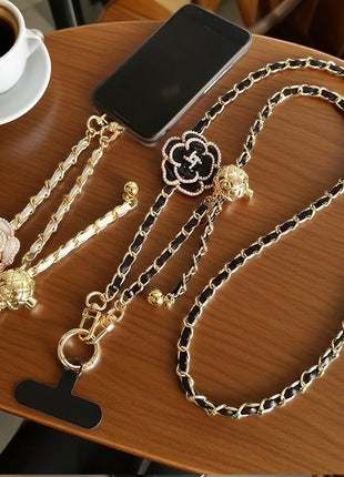 Adjustable  Round Ball CrossbodyTelescopic Buckle Camellia Lanyard Mobile Phone Lanyard Pickup Chain Neck Bag Metal Chain Mobile