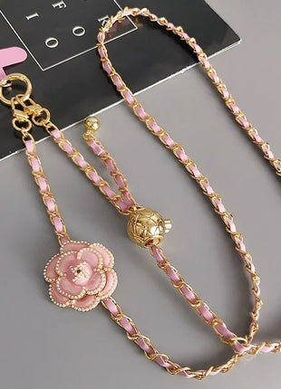 Adjustable  Round Ball CrossbodyTelescopic Buckle Camellia Lanyard Mobile Phone Lanyard Pickup Chain Neck Bag Metal Chain Mobile