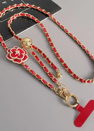 Adjustable  Round Ball CrossbodyTelescopic Buckle Camellia Lanyard Mobile Phone Lanyard Pickup Chain Neck Bag Metal Chain Mobile