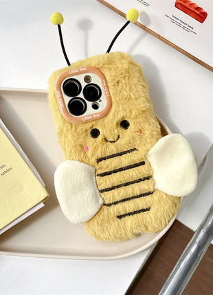 3D Cartoon Bee Lens Bracket Fluffy Fur Plush Phone Case For iPhone 17 Air 16 15 14 13 12 11 Pro Max Shockproof Protective Cover