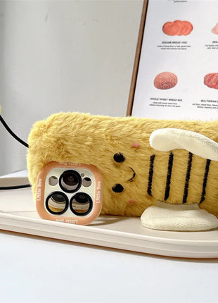 3D Cartoon Bee Lens Bracket Fluffy Fur Plush Phone Case For iPhone 17 Air 16 15 14 13 12 11 Pro Max Shockproof Protective Cover