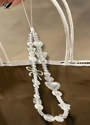 Korean Cute White Bow Star Pearl Beads Phone Chain New Pendant For iPhone For Polaroid Universal Accessories Lanyard Wrist Rope