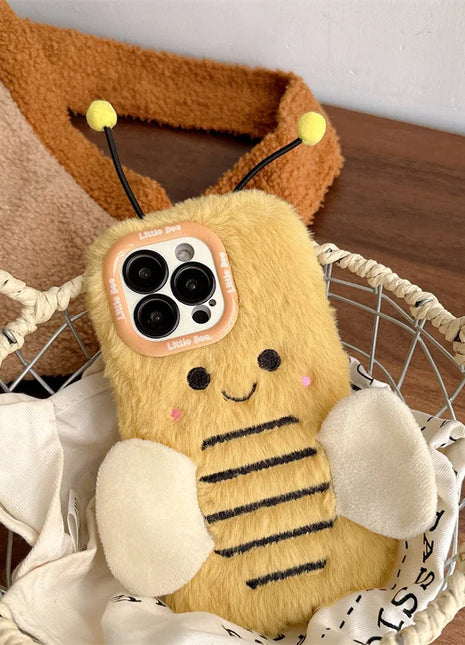 3D Cartoon Bee Lens Bracket Fluffy Fur Plush Phone Case For iPhone 17 Air 16 15 14 13 12 11 Pro Max Shockproof Protective Cover