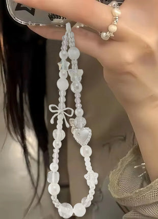 Korean Cute White Bow Star Pearl Beads Phone Chain New Pendant For iPhone For Polaroid Universal Accessories Lanyard Wrist Rope
