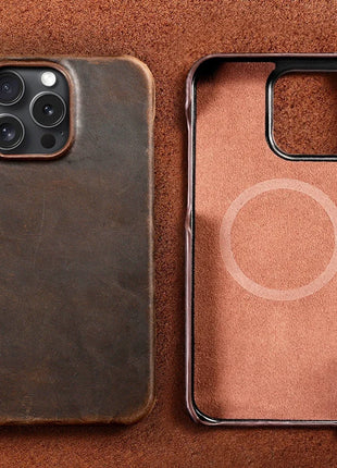 for Magsafe Case for iPhone 15 16 Pro Max 16Pro Retro Luxury Full Grain Cowhide Genuine Oiled PULL-UP Leather Magnetic Cover