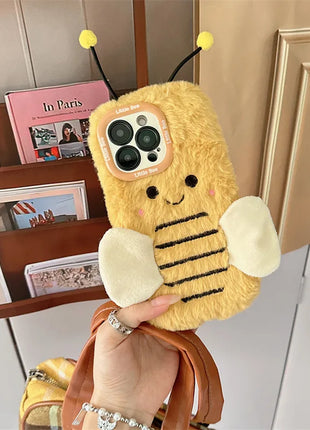3D Cartoon Bee Lens Bracket Fluffy Fur Plush Phone Case For iPhone 17 Air 16 15 14 13 12 11 Pro Max Shockproof Protective Cover