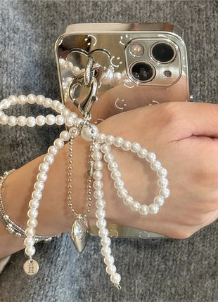 Korean Cute Bow Pearl Phone Pendant Chain Y2K Heart Charm Strap Phone Accessories for iPhone Samsung Camera Bag Keychain Airpods