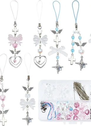 154Pcs DIY 8 Sets Phone Charm Making Kit Cute Bowknot Bow Knot Wing Heart Beads Phone Charms Phone Keychain Charm Cell Phone kit