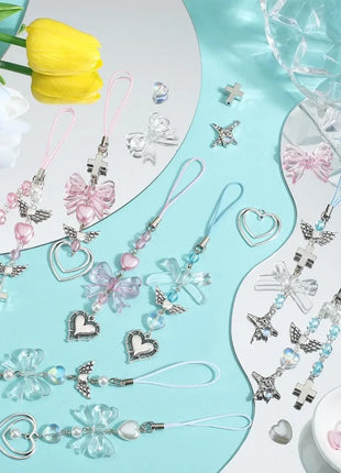 154Pcs DIY 8 Sets Phone Charm Making Kit Cute Bowknot Bow Knot Wing Heart Beads Phone Charms Phone Keychain Charm Cell Phone kit