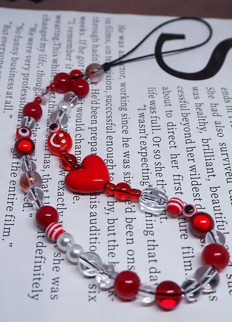 Red Clear Mobile Y2k Phone Charm Strap Chain Lanyard Fairycore Cute Acrylic Heart Glass Pearl Bead Jewelry Women Kawaii Keychain