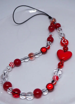 Red Clear Mobile Y2k Phone Charm Strap Chain Lanyard Fairycore Cute Acrylic Heart Glass Pearl Bead Jewelry Women Kawaii Keychain
