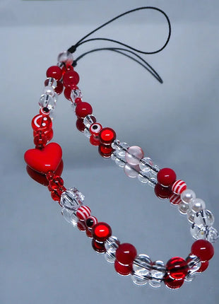 Red Clear Mobile Y2k Phone Charm Strap Chain Lanyard Fairycore Cute Acrylic Heart Glass Pearl Bead Jewelry Women Kawaii Keychain