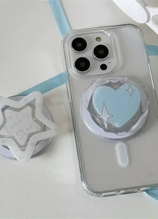 Korean Cute Blue Love Heart Star for Magsafe Magnetic Phone Griptok Grip Tok Stand for IPhone Wireless Charging Holder Bracket