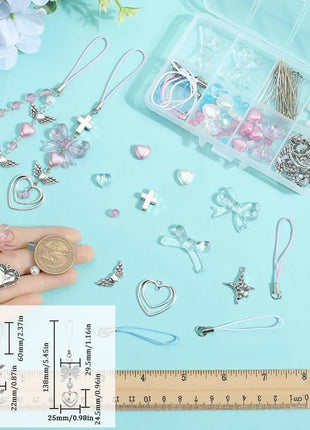 154Pcs DIY 8 Sets Phone Charm Making Kit Cute Bowknot Bow Knot Wing Heart Beads Phone Charms Phone Keychain Charm Cell Phone kit