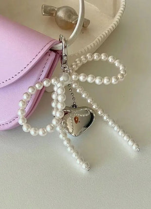 Korean Cute Bow Pearl Phone Pendant Chain Y2K Heart Charm Strap Phone Accessories for iPhone Samsung Camera Bag Keychain Airpods