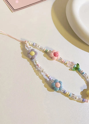 Colorful Sun Flower Beads Mobile Phone Chain Macaron Flower Beaded Mobile Phone Straps Pendant Keychain Creative Phone Chain