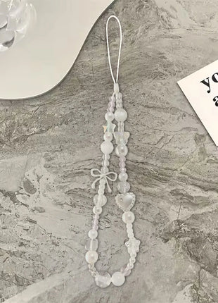 Korean Cute White Bow Star Pearl Beads Phone Chain New Pendant For iPhone For Polaroid Universal Accessories Lanyard Wrist Rope