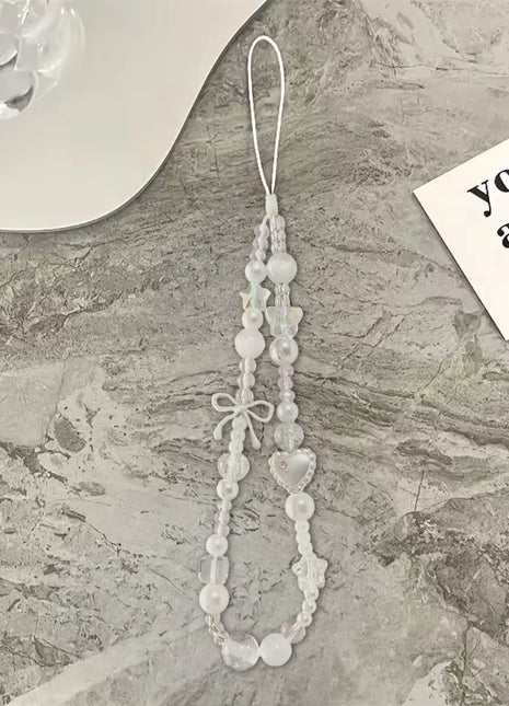 Korean Cute White Bow Star Pearl Beads Phone Chain New Pendant For iPhone For Polaroid Universal Accessories Lanyard Wrist Rope