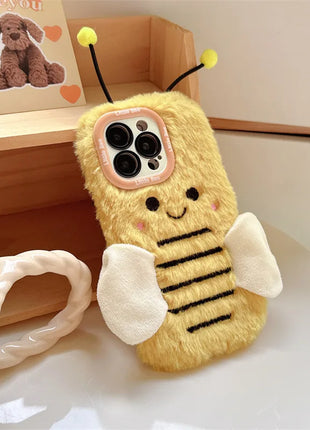 3D Cartoon Bee Lens Bracket Fluffy Fur Plush Phone Case For iPhone 17 Air 16 15 14 13 12 11 Pro Max Shockproof Protective Cover