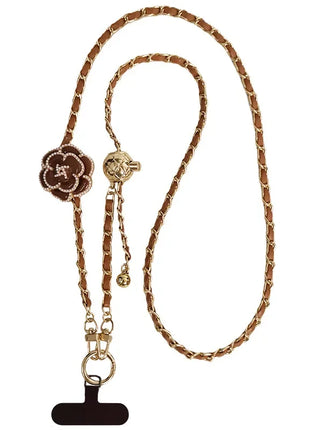 Adjustable  Round Ball CrossbodyTelescopic Buckle Camellia Lanyard Mobile Phone Lanyard Pickup Chain Neck Bag Metal Chain Mobile