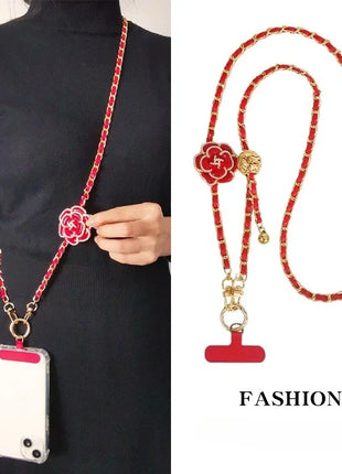 Adjustable  Round Ball CrossbodyTelescopic Buckle Camellia Lanyard Mobile Phone Lanyard Pickup Chain Neck Bag Metal Chain Mobile