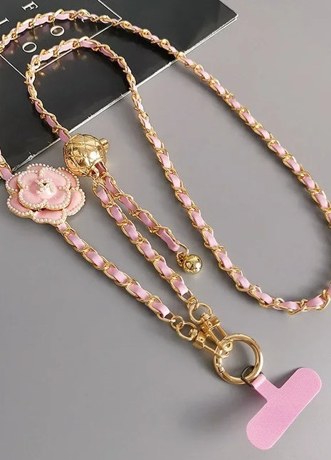 Adjustable  Round Ball CrossbodyTelescopic Buckle Camellia Lanyard Mobile Phone Lanyard Pickup Chain Neck Bag Metal Chain Mobile