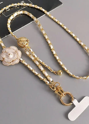 Adjustable  Round Ball CrossbodyTelescopic Buckle Camellia Lanyard Mobile Phone Lanyard Pickup Chain Neck Bag Metal Chain Mobile