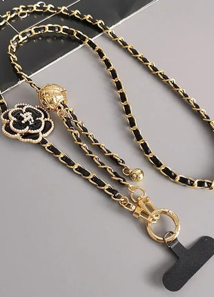 Adjustable  Round Ball CrossbodyTelescopic Buckle Camellia Lanyard Mobile Phone Lanyard Pickup Chain Neck Bag Metal Chain Mobile