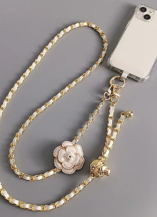 Adjustable  Round Ball CrossbodyTelescopic Buckle Camellia Lanyard Mobile Phone Lanyard Pickup Chain Neck Bag Metal Chain Mobile