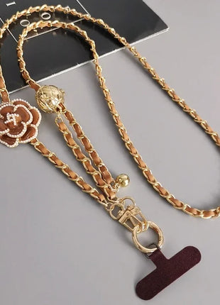 Adjustable  Round Ball CrossbodyTelescopic Buckle Camellia Lanyard Mobile Phone Lanyard Pickup Chain Neck Bag Metal Chain Mobile