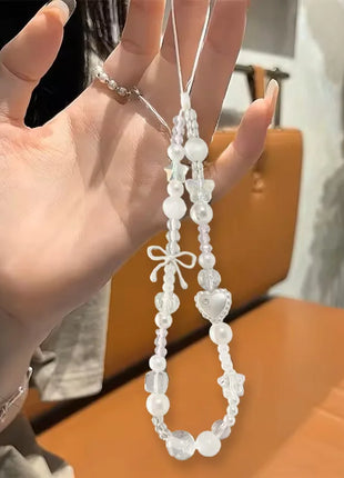 Korean Cute White Bow Star Pearl Beads Phone Chain New Pendant For iPhone For Polaroid Universal Accessories Lanyard Wrist Rope