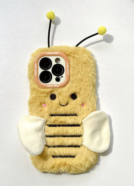 3D Cartoon Bee Lens Bracket Fluffy Fur Plush Phone Case For iPhone 17 Air 16 15 14 13 12 11 Pro Max Shockproof Protective Cover