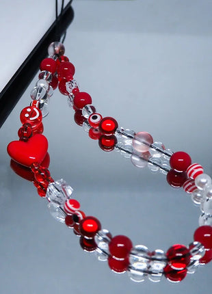 Red Clear Mobile Y2k Phone Charm Strap Chain Lanyard Fairycore Cute Acrylic Heart Glass Pearl Bead Jewelry Women Kawaii Keychain