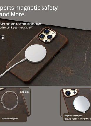 for Magsafe Case for iPhone 15 16 Pro Max 16Pro Retro Luxury Full Grain Cowhide Genuine Oiled PULL-UP Leather Magnetic Cover