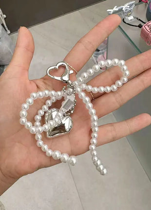Korean Cute Bow Pearl Phone Pendant Chain Y2K Heart Charm Strap Phone Accessories for iPhone Samsung Camera Bag Keychain Airpods