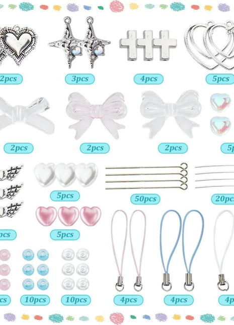 154Pcs DIY 8 Sets Phone Charm Making Kit Cute Bowknot Bow Knot Wing Heart Beads Phone Charms Phone Keychain Charm Cell Phone kit