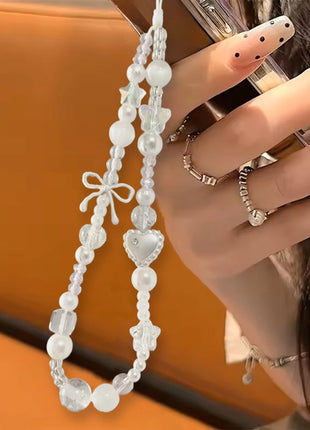 Korean Cute White Bow Star Pearl Beads Phone Chain New Pendant For iPhone For Polaroid Universal Accessories Lanyard Wrist Rope