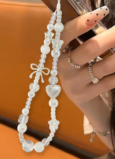 Korean Cute White Bow Star Pearl Beads Phone Chain New Pendant For iPhone For Polaroid Universal Accessories Lanyard Wrist Rope