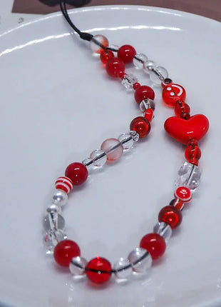 Red Clear Mobile Y2k Phone Charm Strap Chain Lanyard Fairycore Cute Acrylic Heart Glass Pearl Bead Jewelry Women Kawaii Keychain