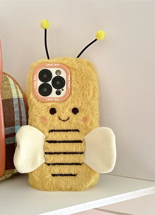 3D Cartoon Bee Lens Bracket Fluffy Fur Plush Phone Case For iPhone 17 Air 16 15 14 13 12 11 Pro Max Shockproof Protective Cover