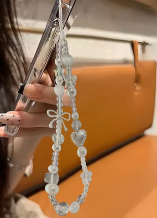 Korean Cute White Bow Star Pearl Beads Phone Chain New Pendant For iPhone For Polaroid Universal Accessories Lanyard Wrist Rope